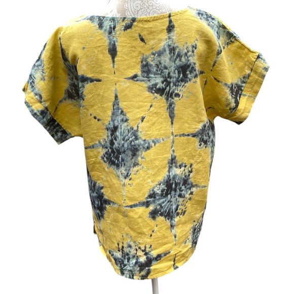 Bellambia Italy Linen Boxy Top Size L Blouse Cap Sleeve Yellow Blue Tie Dye - Picture 3 of 10